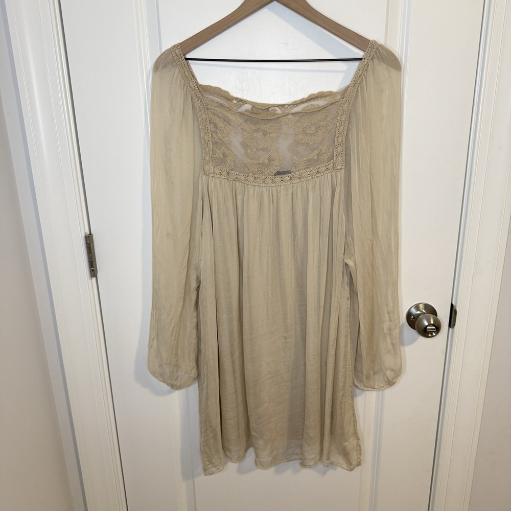 H Trend Italian Beige Floral Lace Silk Dress Fairy Whimsical Boho Size Lg‎ XL 1X